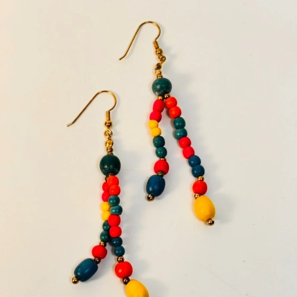 Vintage Wood Bead Dangle Earrings Multicolor Boho Statement Whimsygoth Jewelry